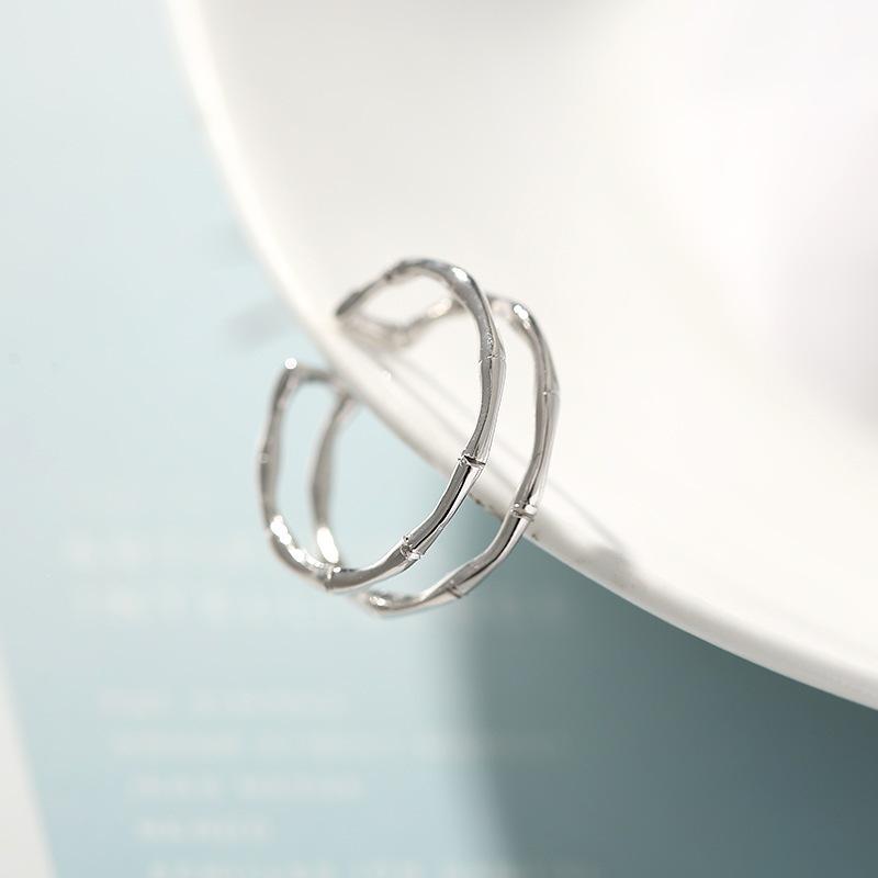 Japanese-Korean Double Layer Bamboo Joint Adjustable Fashion Ring - 925 Sterling Silver Plated, Unique Niche Design with Cool Style.