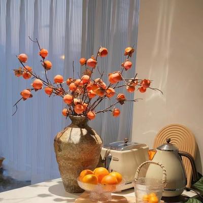 8 Heads Artificial Persimmon Branch Realistic Plastic Simulation Persimmon Fruit Elegant Handmade Fake Plants Home Decor
