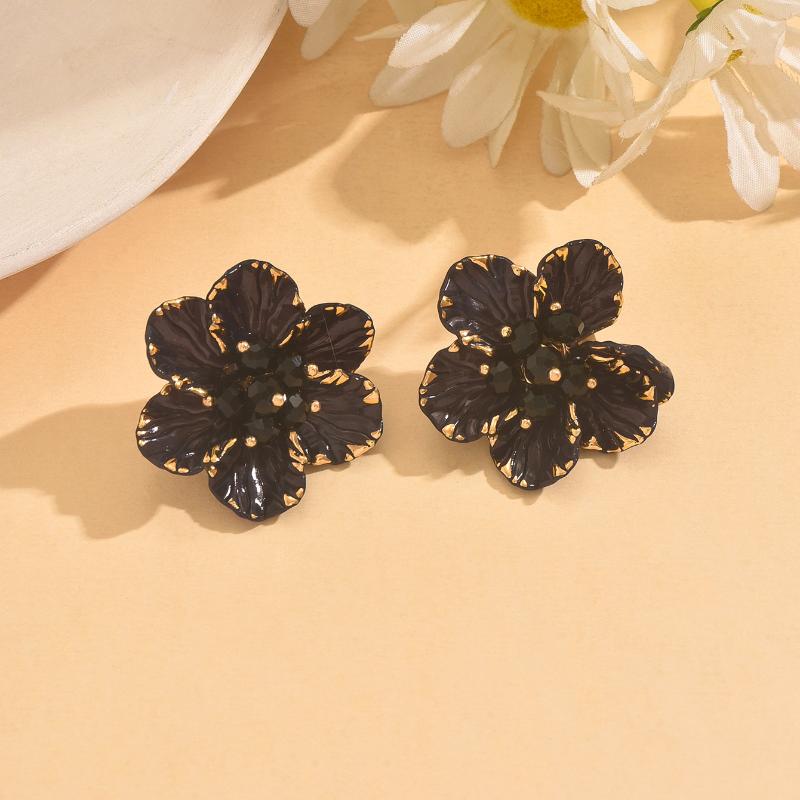 Elegant Black Flower Stud Earrings for Women Vintage Colorful Crystal Acrylic Petal Earrings Wedding Party Jewelry Accessories