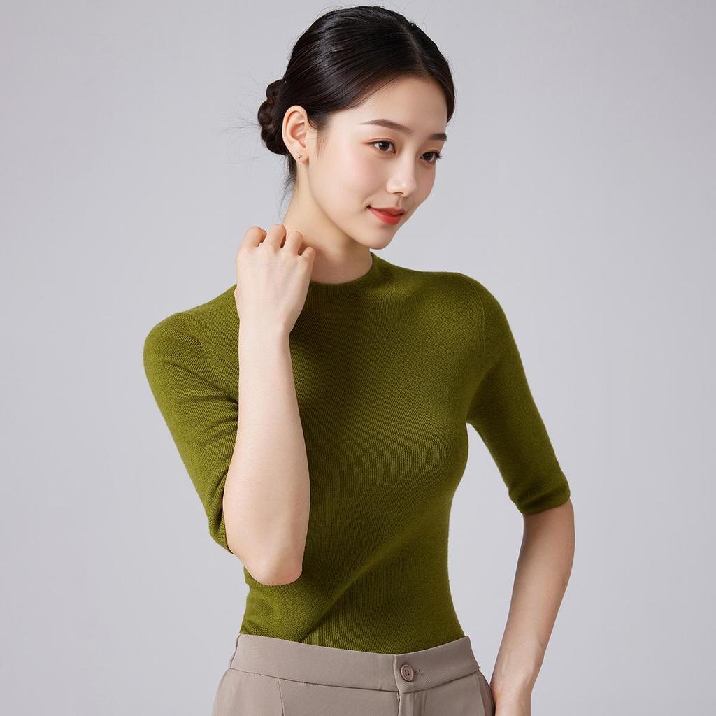 Pure Wool Women's Mid-Sleeve Autumn Sweater: Slimming Half-High Collar Bodycon Knitted T-shirt