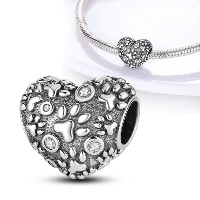 S925 Silver Heart Cat Paw Charms Beads for Women DIY Bracelets Fine Jewelry Birthday Gifts