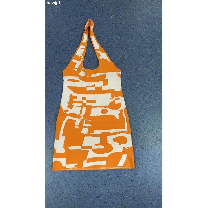 

Versatile 202 2 Fashion Halterneck Lace-up Sheath Woolen Dress Sexy Backless Low-Cut Sleeveless Short Skirt for Women Orange L