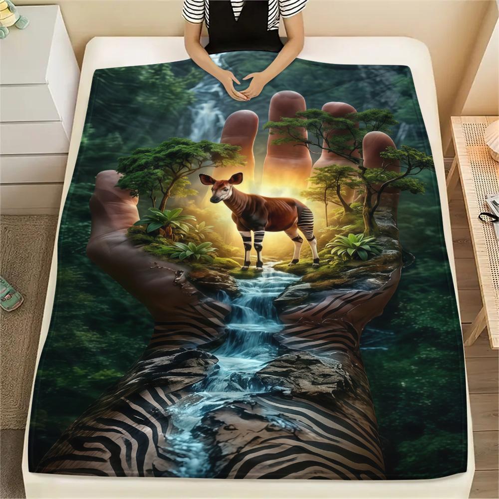 1PC Cute Okapi Print FlAannel Blanket, High Quality Comfortable for All Seasons, Home Decor, Warmth and Comfort