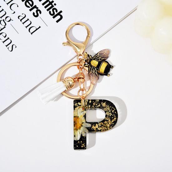 Dried Flower Letter Charm Bee Keychain Pendant Resin Black 1 Pc
