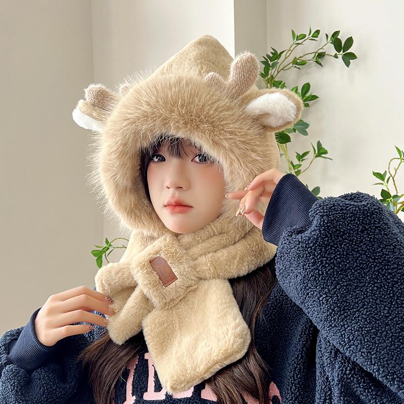 Women's Cozy Fox Ear Plush Hat with Integrated Scarf - Warm, Soft Lei Feng Design for Autumn and Winter. Perfect Ear Protection for Students.
