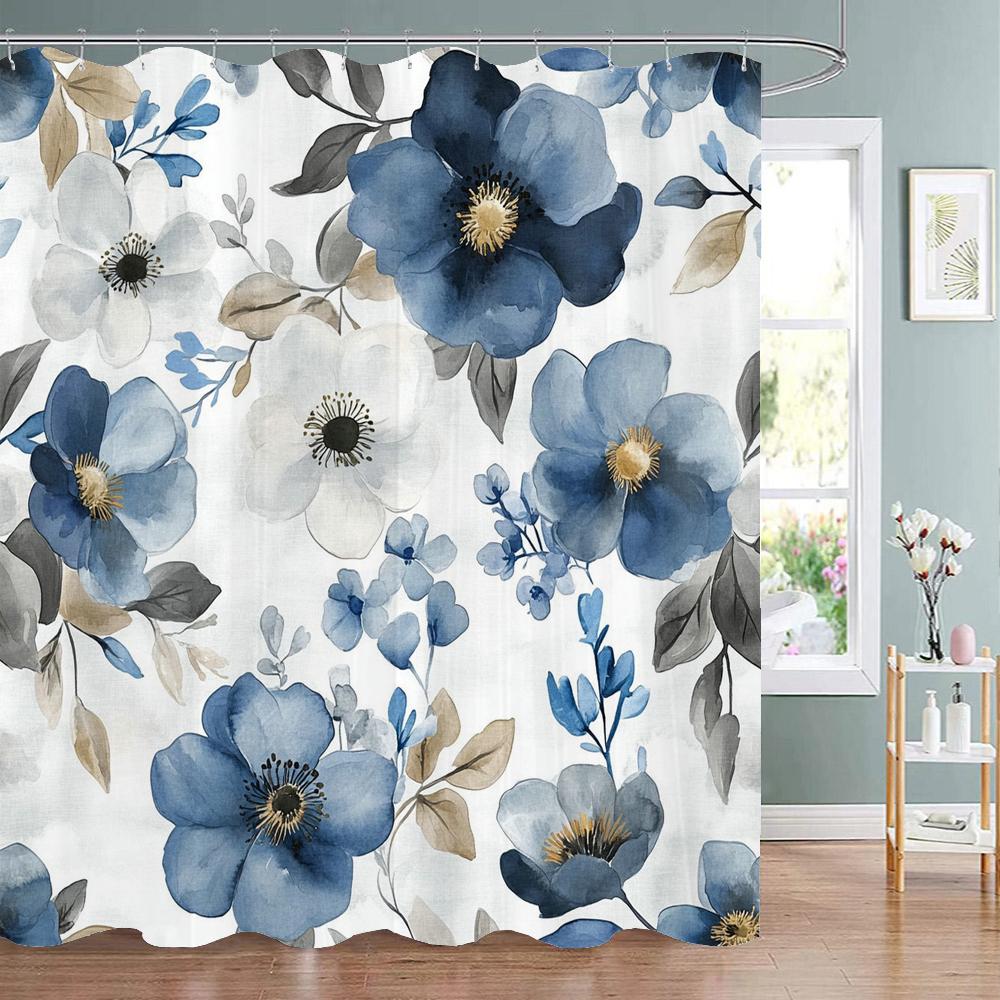 Beautiful and Elegant blue Flowers Pattern Shower Curtain,  Bathroom Decorative Shower Curtain,Home Curtain with Hooks
