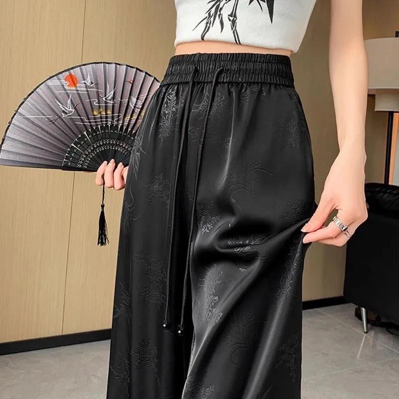 Plus Size Chinese Style Jacquard Wide-Leg Pants for Women, Spring/Summer Ice Silk Loose Fit