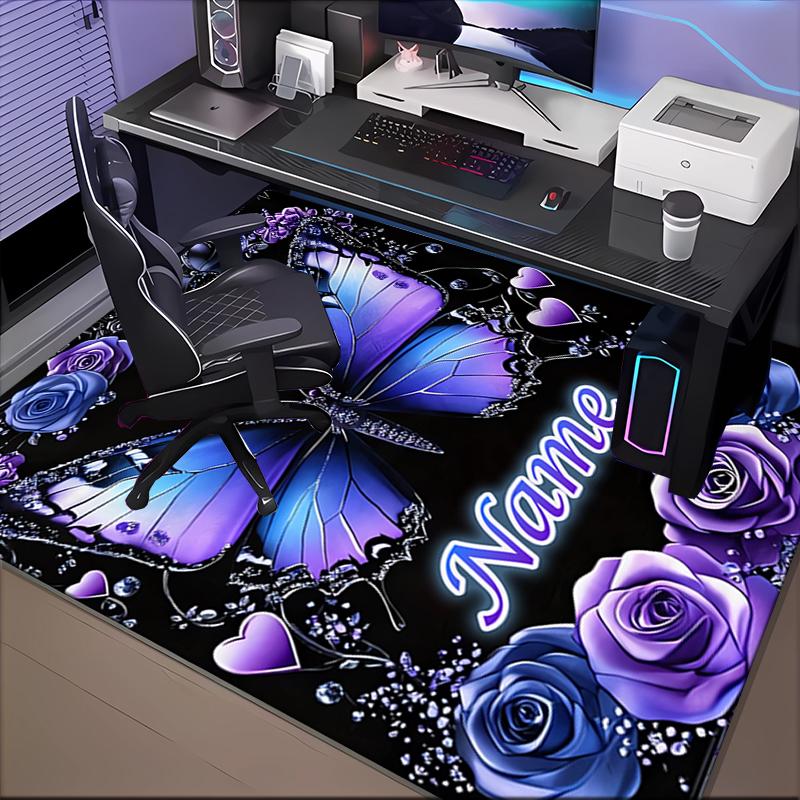 1PC Custom Name Purple Butterfly Roses Theme Floor Mat Ideal for Living Room, Game Rooms, Office, Bedroom,Floor Mat Playful Design