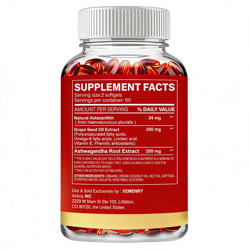 Astaxanthin 24mg Kapseln - Starkes Antioxidans - mit Ashwagandha-Wurzelextrakt