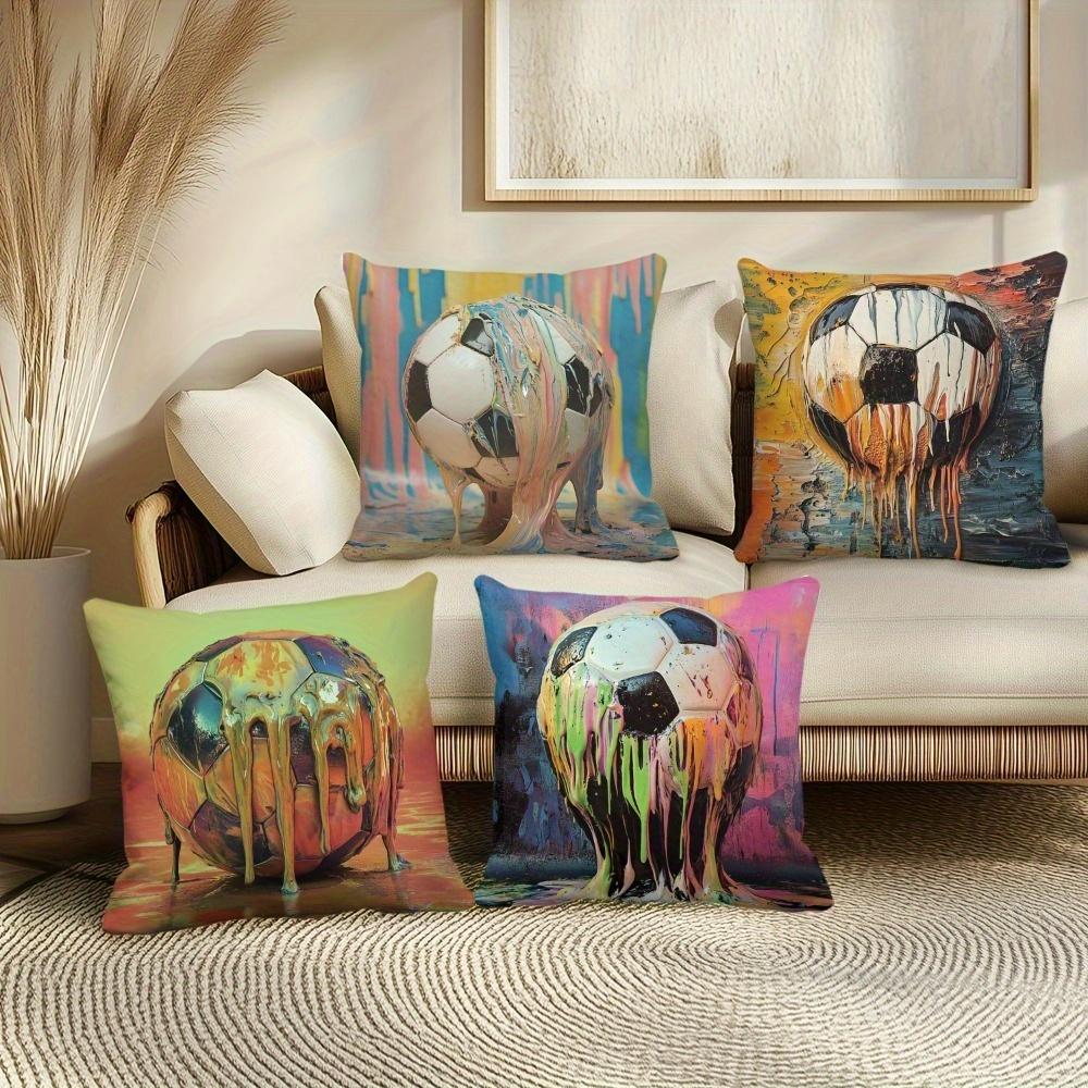 4Pcs Double-Sided Printed Throw Pillow Covers, Colorful Melting Football Print Cushion Cases, Artistic Sporty Home Decor