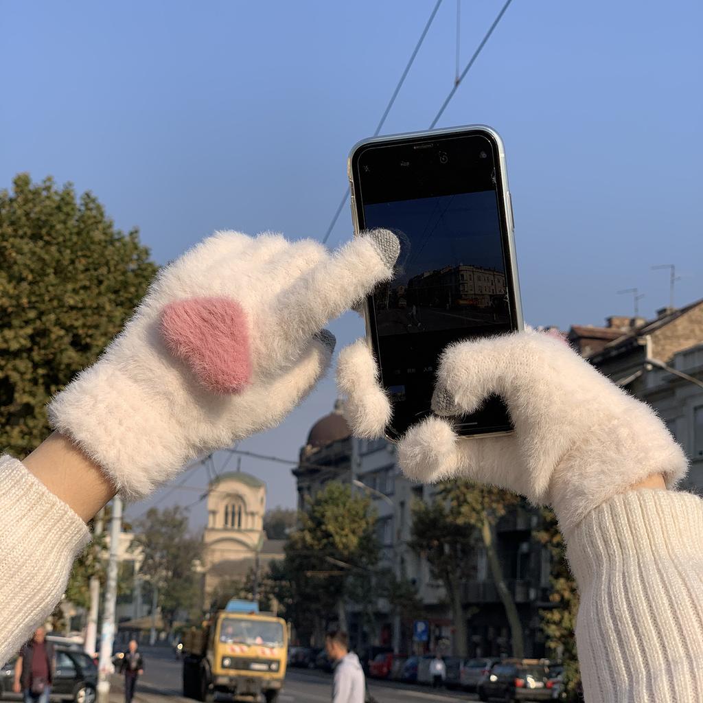 Plus Velvet Warm Touch Screen Gloves for Sweet Girls Korean Style Cute Knitted Wool Split Finger Cycling for Cold Proof Students