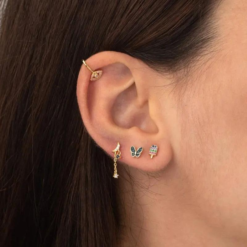 New Design Gold Color Moon Star Minimal Drop Earrings For Women Small Crystal Chain Butterfly Piercing Earring Korean Jewelry