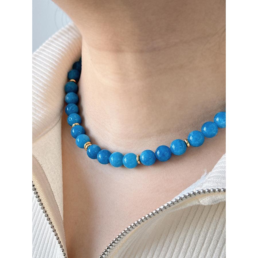 Summer Beach Jewelry Dainty Layering Choker Chunky Gemstone Genuine Aquamarine Beaded Necklace with Gold Toggle Clasp