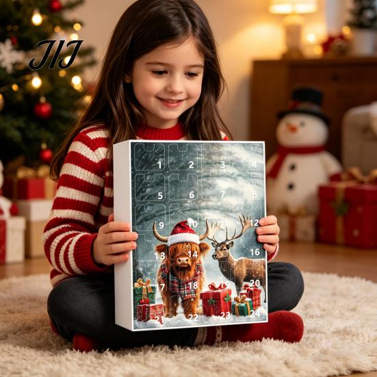 Christmas Tree Pendant Decoration Set Advent Calendar, 24 Day Countdown Box with Highland Cow Creative Souvenir for Family Acrylic Pendants,