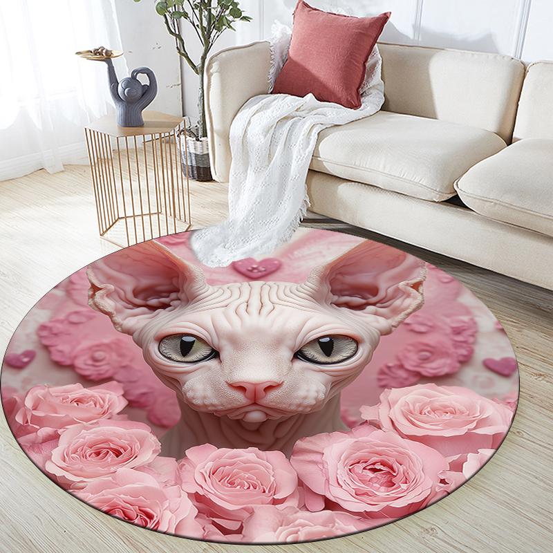 Sphynx Cat and Roses Pattern Round rug,Carpet Rug for Living Room Bedroom Sofa Playroom Decor,Non-slip Floor Mat,Holiday Gifts and Birthday Gifts