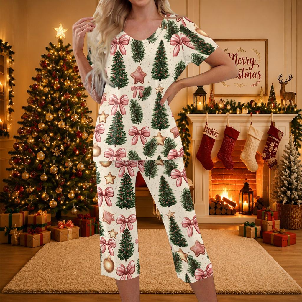 Women's Casual Christmas Print Two-Piece Outfit with Short Sleeve Top and Pants
