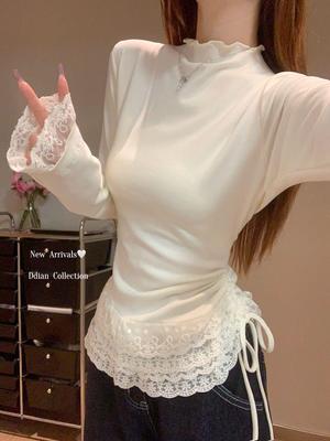 German Velvet Ruffle High Neck Lace Top, Women's Apricot Long Sleeve Base Layer Tee (270g)