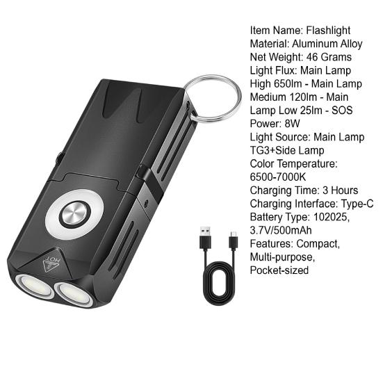 Magnetic EDC Flashlight Aluminum Alloy Keychain Light with USB-C Charging Adjustable Brightness Mini Clip-on Flashlight for Outdoor Emergency