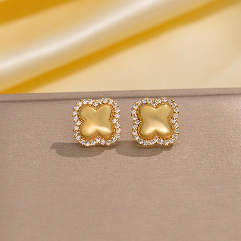 Womens Light Luxury Four Leaf Clover Inlaid Zircon Full Diamond Stud Earrings Jewelry