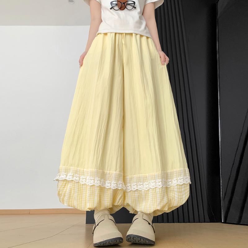 Lace Patchwork Lantern Pants - Spring/Summer Academy Style, Ice Silk, Wide-Leg Skirt Pants, Slimming Bud-Shaped Design.