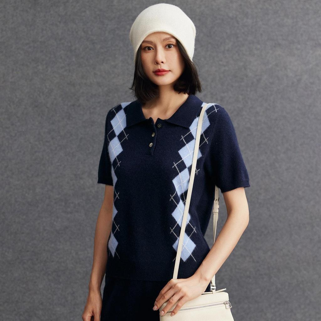 Cardigan en tricot cachemire pour femme à col polo diamant anti-âge