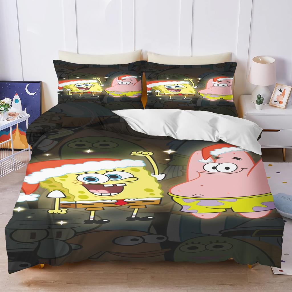 Christmas SpongeBob Patrick Bedding Set Dark Background Duvet Cover 3D Cartoon Quilt Cover Kids Bed Decor No Filler