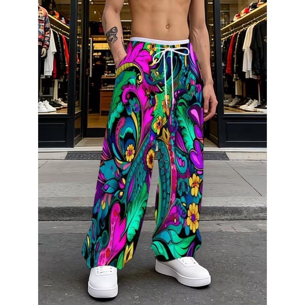 Men's 3D Retro Printed Baggy Casual Trousers, Elastic Drawstring Waist with Pockets, for Spring Summer Home Outdoor Vacation