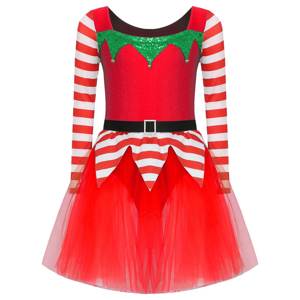 Girls Christmas Elf Costume Santa Little Helper Dress Striped Tutu Bodysuit Holiday Party Suit