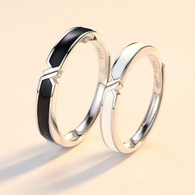 2stk Svart og hvit Lovers Knot Ring Bands Kit Par Matchende Ringer Promise Wedding Band Justerbar for ham og henne