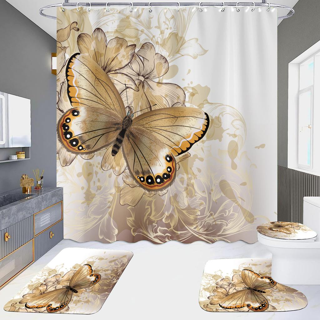 4-Piece Shower Curtain Set with HD Digital Printing | Waterproof, Drill-Free, Ideal for Home/Hotel Bathroom Partition