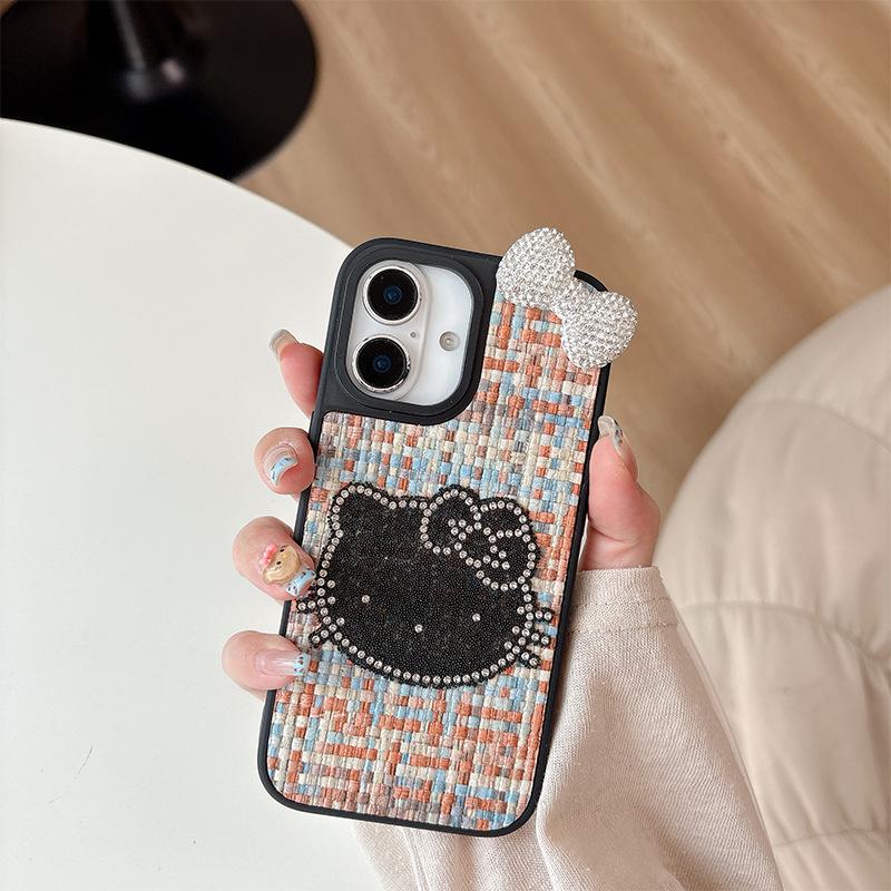 Rhinestone Kt Cat Mobile Phone Case Is Suitable For Apple 17 Leather Pattern Iphone16Promax Bow Tie 15 Women'S Anti-Drop.