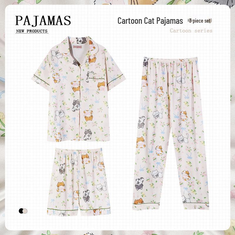 Pastoral Women's Pajama Set: Soft, Cute Rabbit Design, Short-Sleeve, Casual Three-Piece Loungewear.