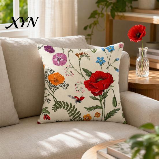 Soft Fabric Cushion Case Floral Cover, 18x18 Inch Decorative Throw Pillow Cover with Hidden Zipper, Elegant Color Plant Insect Flower Patterns,