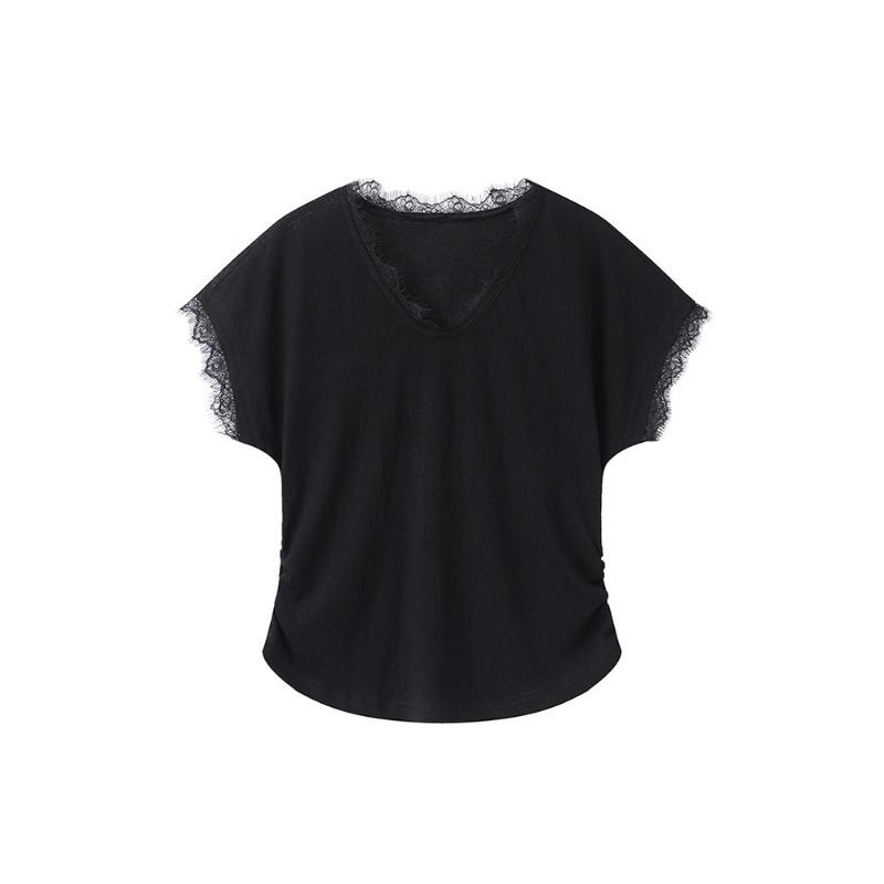 Summer Thin French Splicing Lace V-neck Small Flying Sleeve Short T-shirt Top