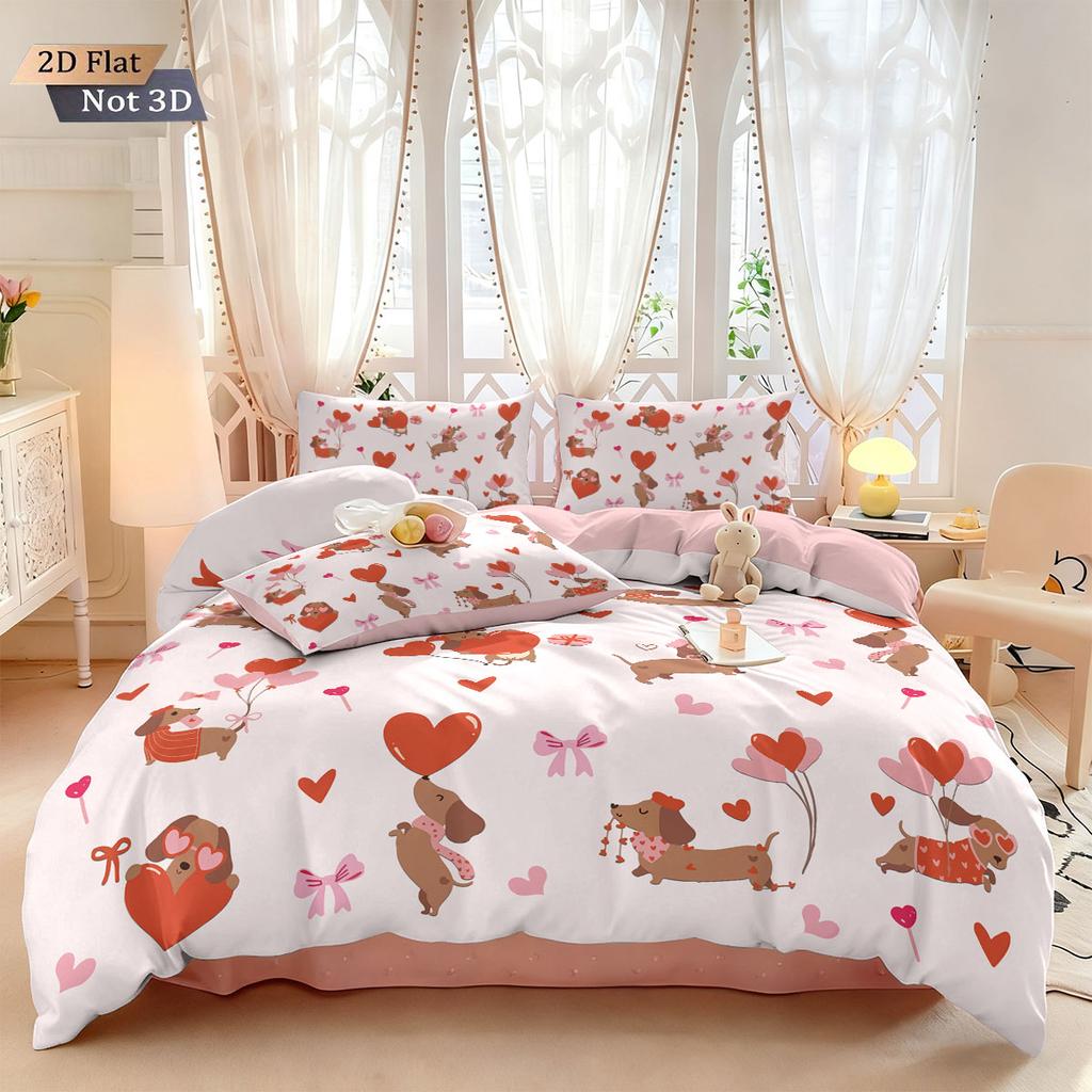 3pcs Romantic Valentine's Day Pink Love Sausage Dog Printed Chipless Quilt Set Multi Size Bedroom Bedding Festival Decoration