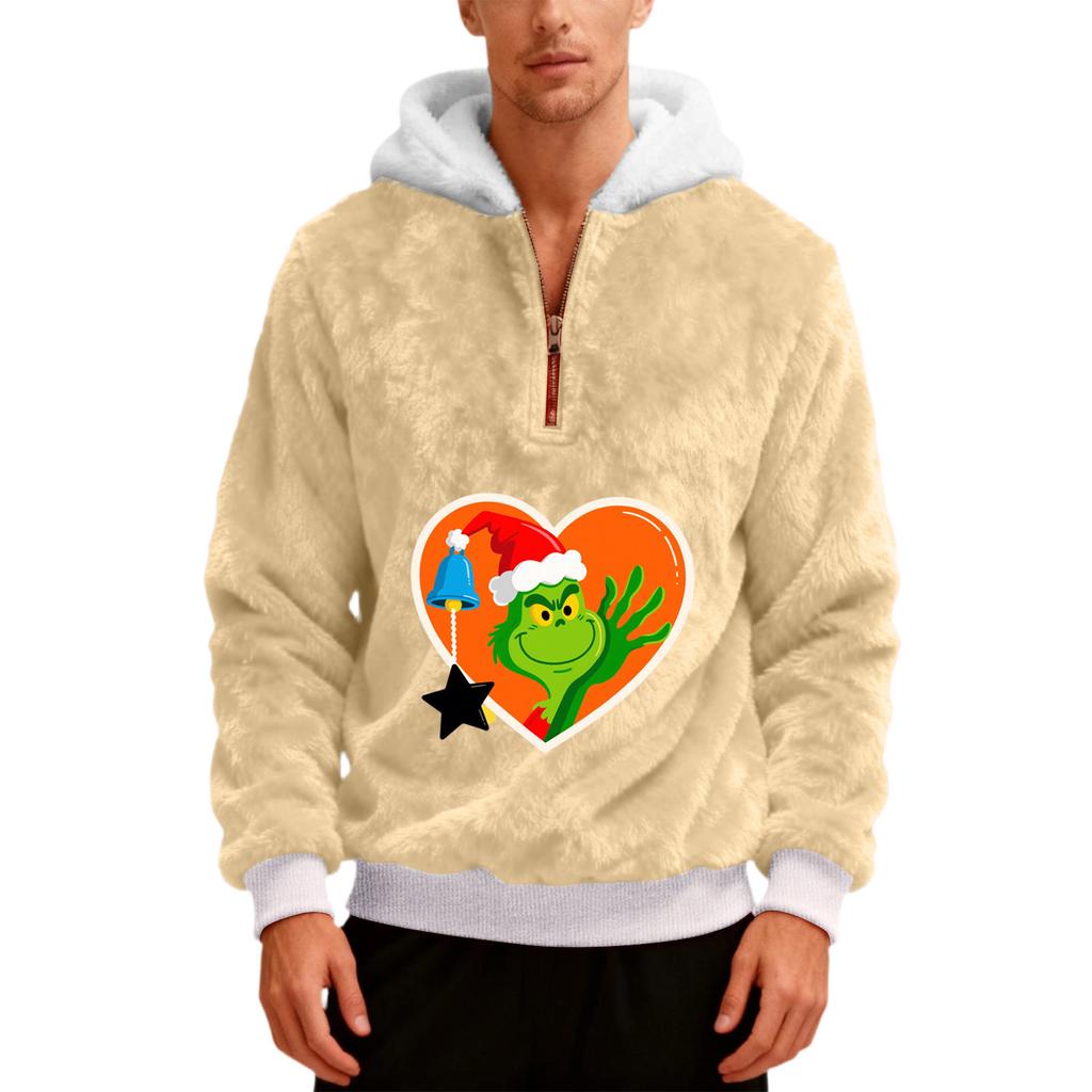 Pánská plyšová mikina s kapucí a polovičním zipem