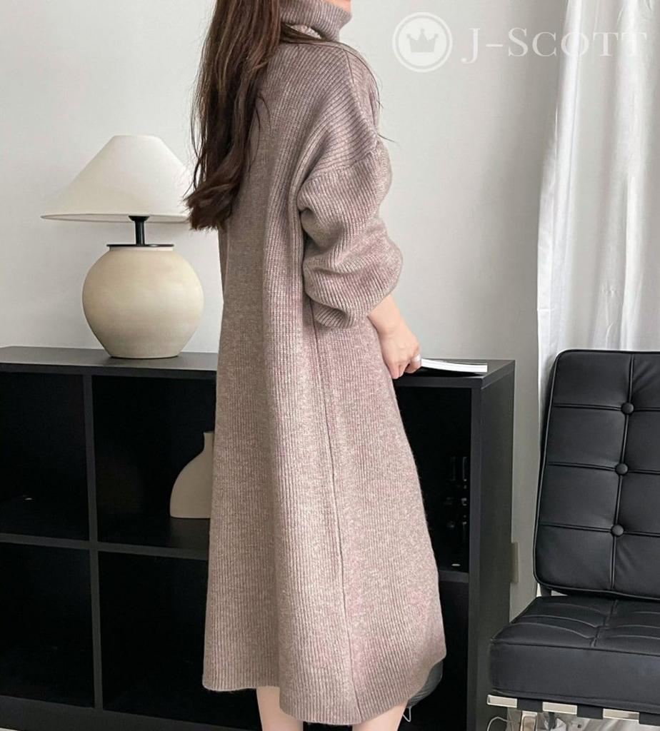 Knit Turtleneck Drop Shoulder Volume Sleeve Midi Length French Dowel Clothes Effect Large One Piece Puff Sleeves Delicate Look Loose Cute Off