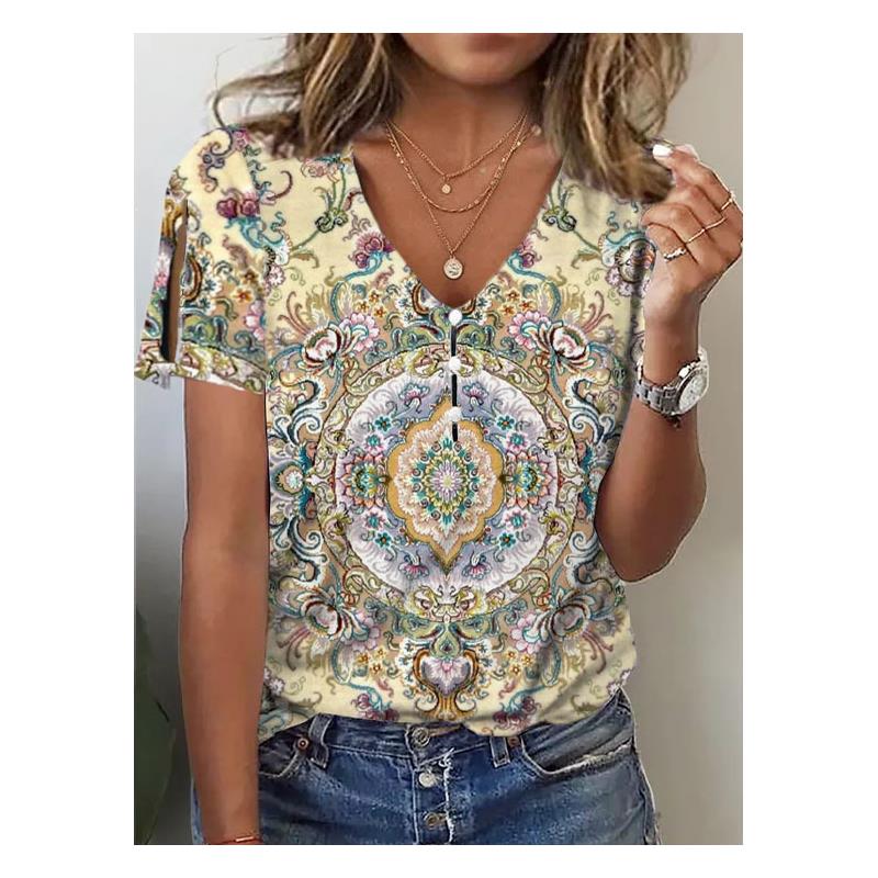Women's Ethnic Style Short Sleeve Printed Top Cleanfit Loose Cotton Linen V-neck Citywalk Summer Fashion T-shirt
