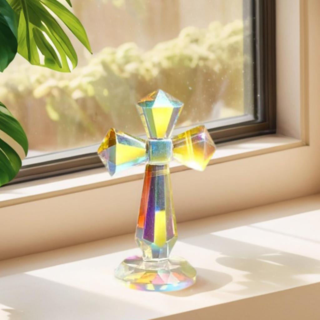 Holy Crystal Cross Desktop Decoration 6 Inch Tabletop Christian Sculpture Ornament Sun Catcher Desktop Crystal Cross Decor