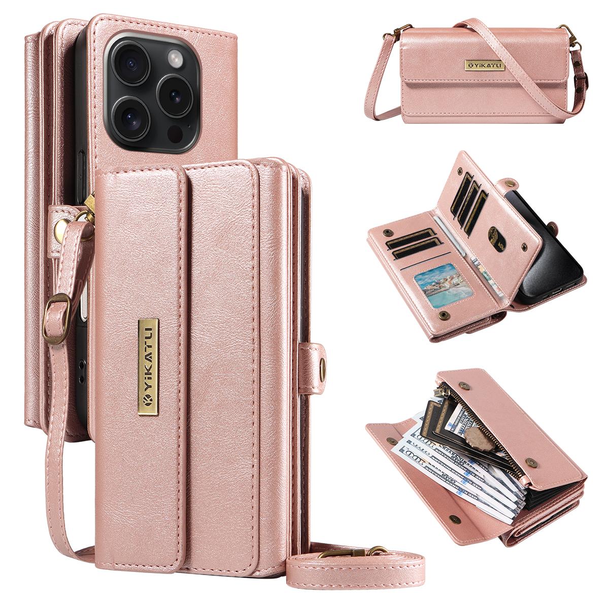 

For iPhone 15 Pro Case YIKATU YK-008 Zipper Wallet Leather Phone Cover with Shoulder Strap Rose Gold