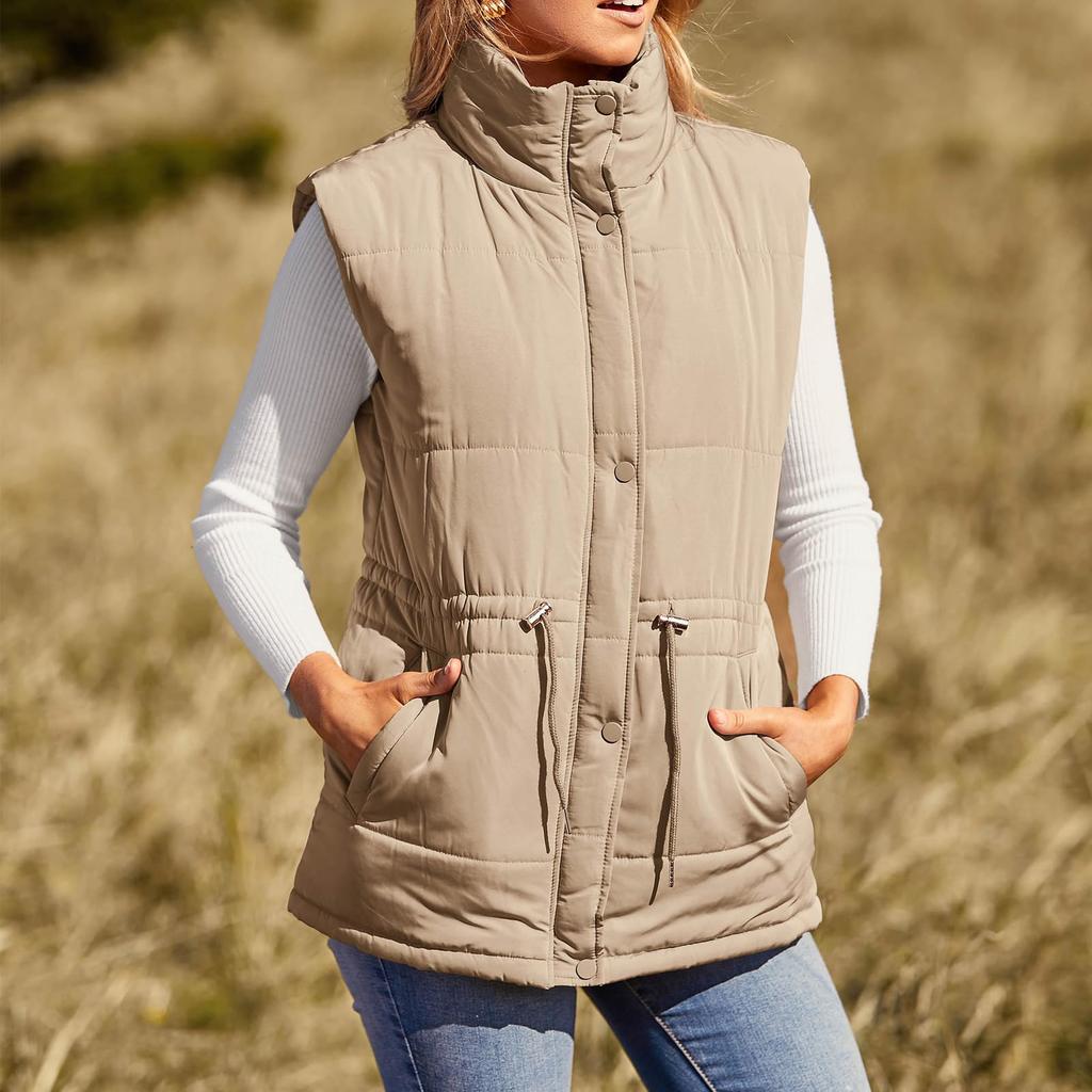 Womens Puffer Vest Zip Up Stand Collar Sleeveless Padded Outerwear Jacket Coat Pockets