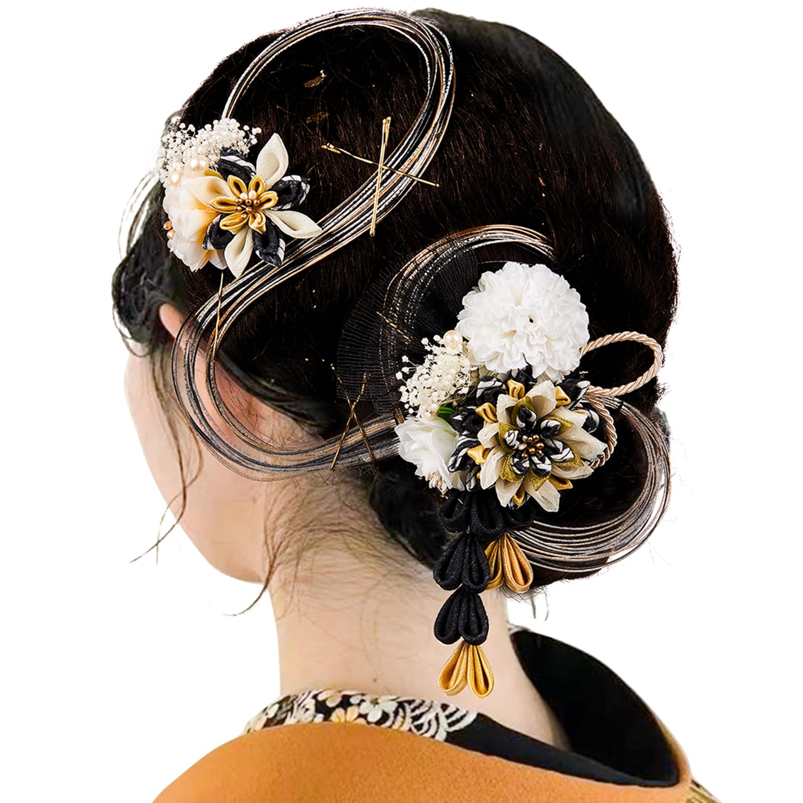 

Церемониальный цветок для волос Японский выпускной прическа Аксессуар для волос Золотой лист с 2 цветами и [OTAKUMARKET] Украшения совершеннолетия, Мизухики,