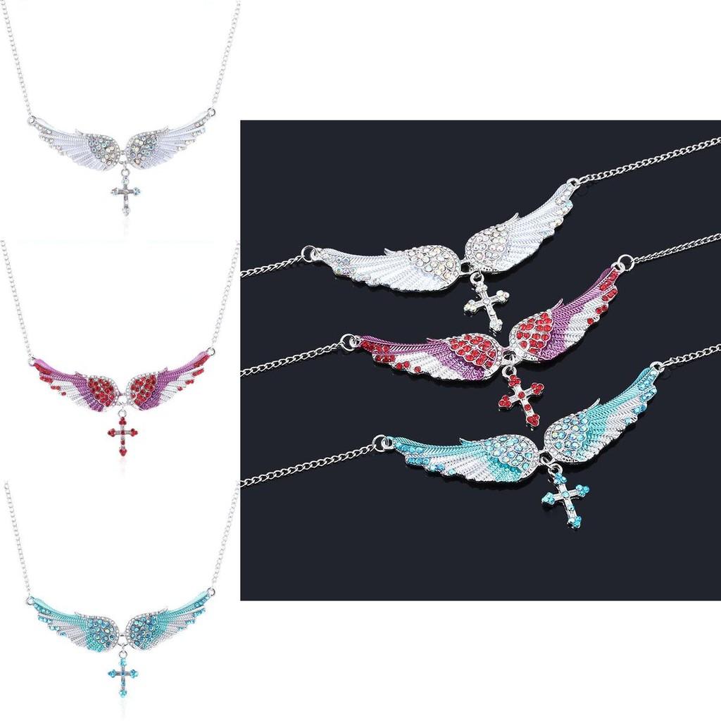 Diamond Simulated Decorated Angel Wing Cross Pendant Necklace For Ladies