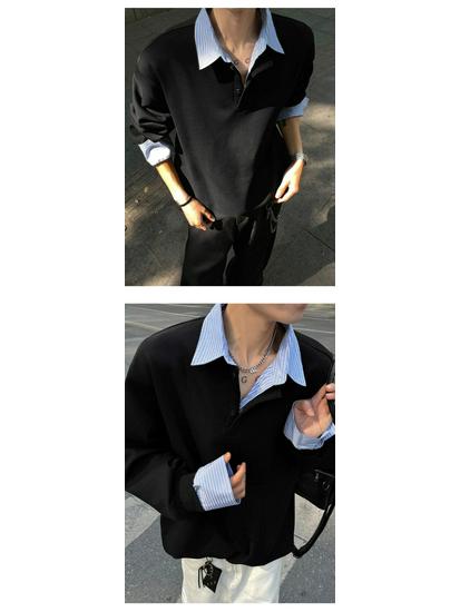 Men's Spring/Autumn Color Block Hoodie with Shirt Collar - Long Sleeve Patchwork Polo Jacket