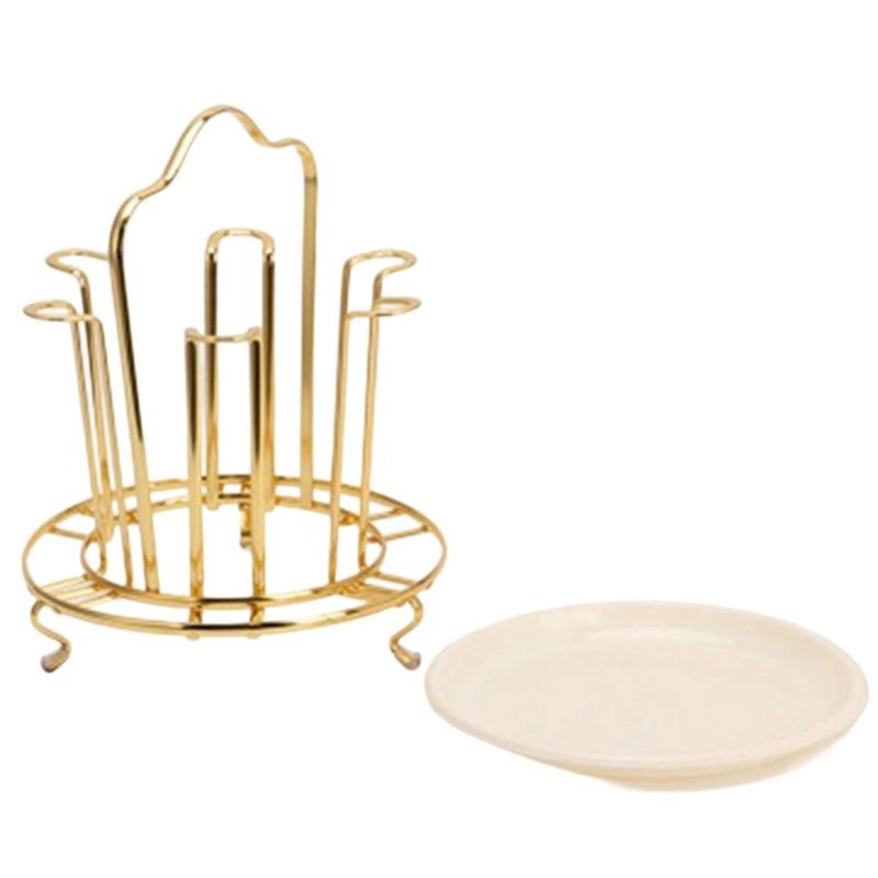 ABBY-Iron 6-Cup Stand With Round Cup Holder And Tray For Kitchen And Living Room Storage