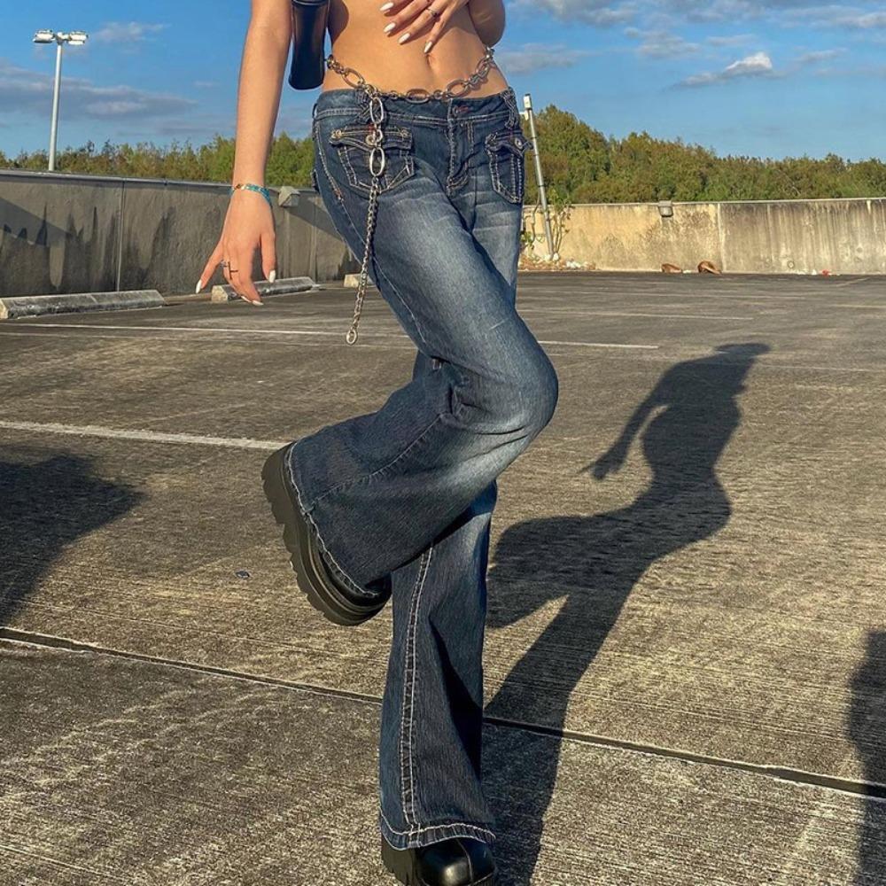 Women s High Waist Flare Jeans Slim Fit Metal Chain Medium Stretch Vintage Wash Long Denim Trousers S