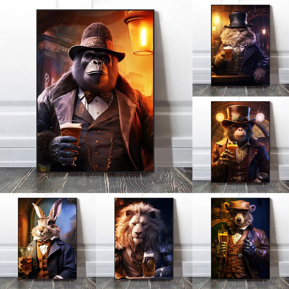 Tierkostüm Gentleman Trinkender Gorilla Löwe Hase Bier Bilder Lustige Bar Wandkunst Leinwandbild Heimdekoration
