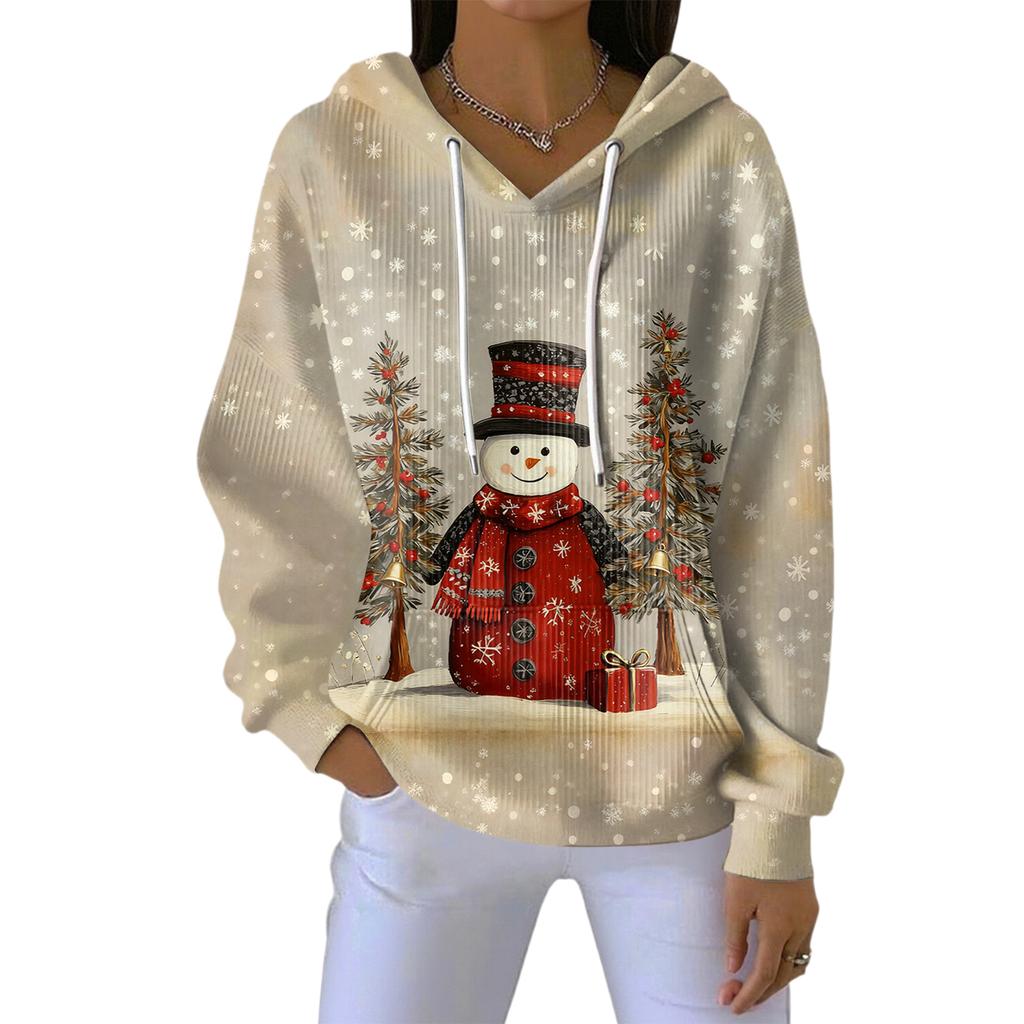 Women's Loose Comfortable Casual Fashion V-Neck Christmas Print Long Sleeve Hoodie