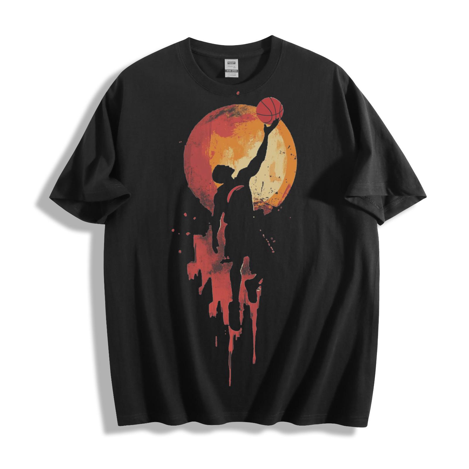 Basketball Moon Dunk T-Shirt Mens Womens Tees Top - Fiery Silhouette Explosion Unisex Tee 3XL