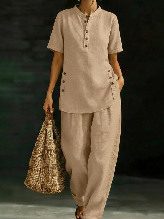 2026 European & American Casual Button-down Shirt and Wide-leg Pants Linen Set
